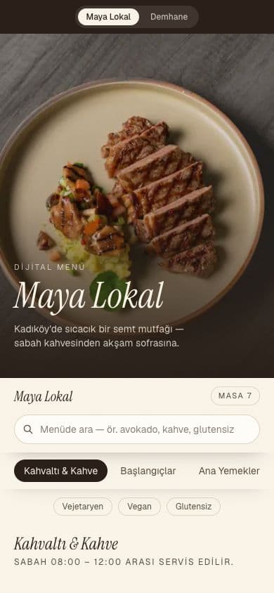 Maya Lokal QR menü ekranı